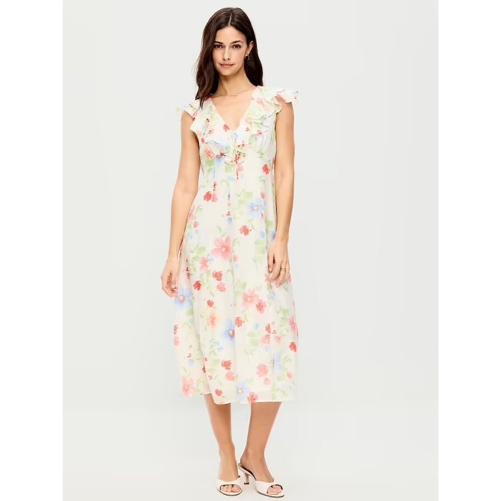 Old Navy Ruffle Sleeve Fit & Flare Midi Dress in White Floral Size XL